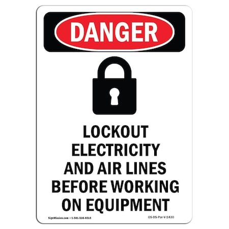 OSHA Danger Sign, Lockout Electricity, 18in X 12in Rigid Plastic